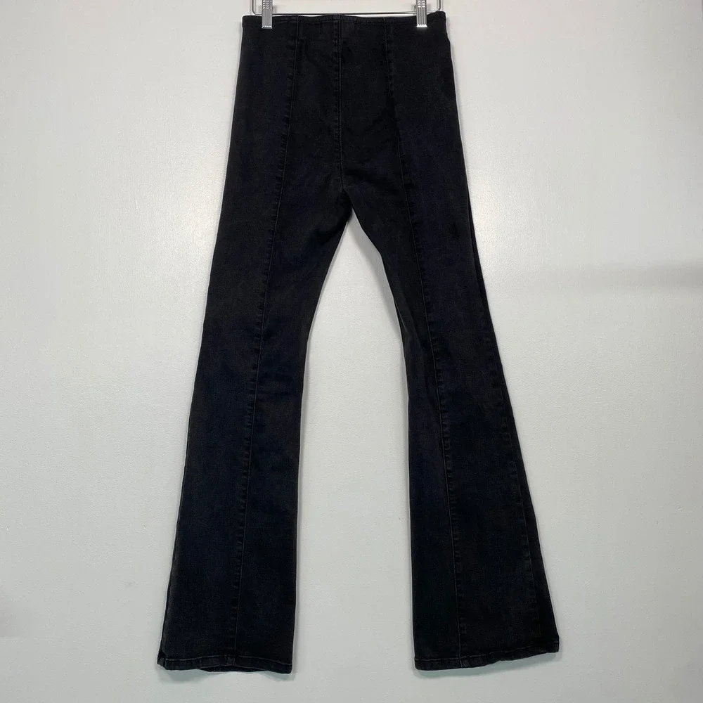 Free People We The Free Women Flare Jeans 27 Black‎ Pull On High Rise Slim Seam